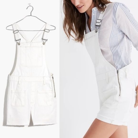 MADEWELL | Adirondack Denim White Washed Jean Shorts Overalls in ‘Tile White’ - Picture 2 of 12